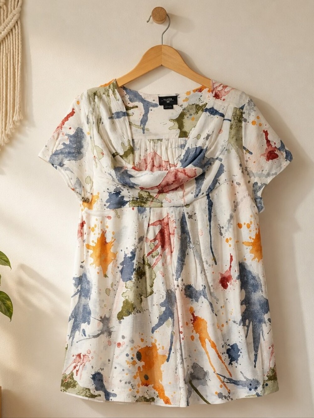 Anthropologie Deletta Artsy Tunic Shirt Pleated Drape Neck Large Paint Splatter
